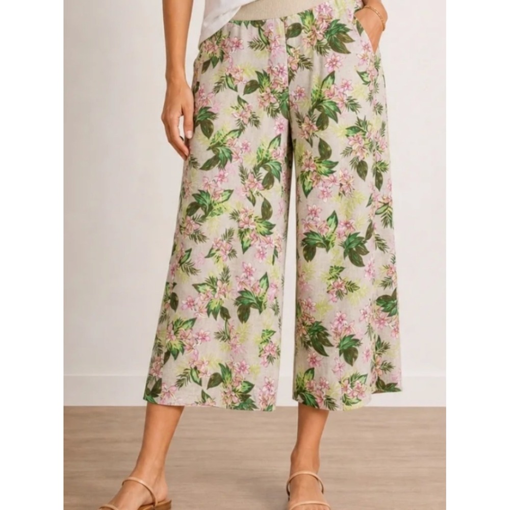 J. Jill Love Linen Wide Leg Crop Pants Large Floral Pull On Beach Resort